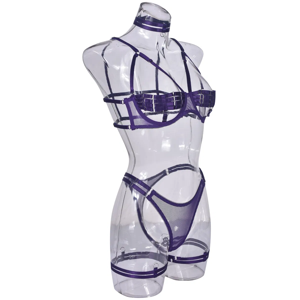Sexy Hollow out Woman Complicated Straps Underwear Set Hot Neck Ring Solid Color Lingerie