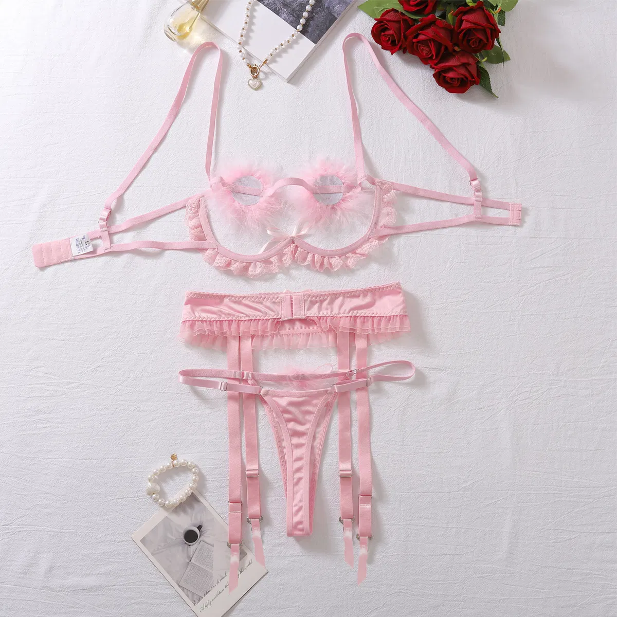 New Arrival See-Through Mesh Ruffle Bra Panty Set Wholesale Sexy Hollow out Lingerie