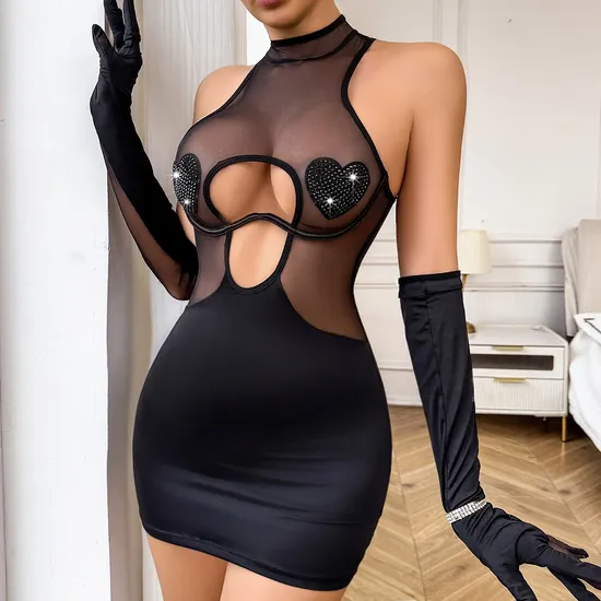 Wholesale Heart-Shape Beaded Underwear Set with Gloves Sexy Hollow out Woman Lingerie