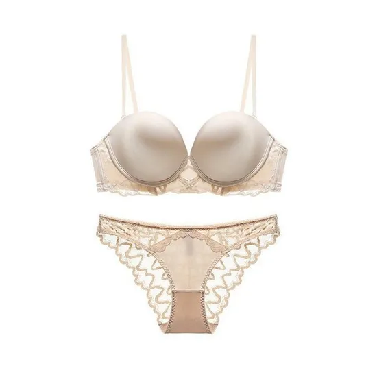 French Ladies Smooth U-Shaped Lace Trim Sexy Breathable Gathering for Women Soft Bra Ultra-Thin Set Sexy Underwear Lingerie