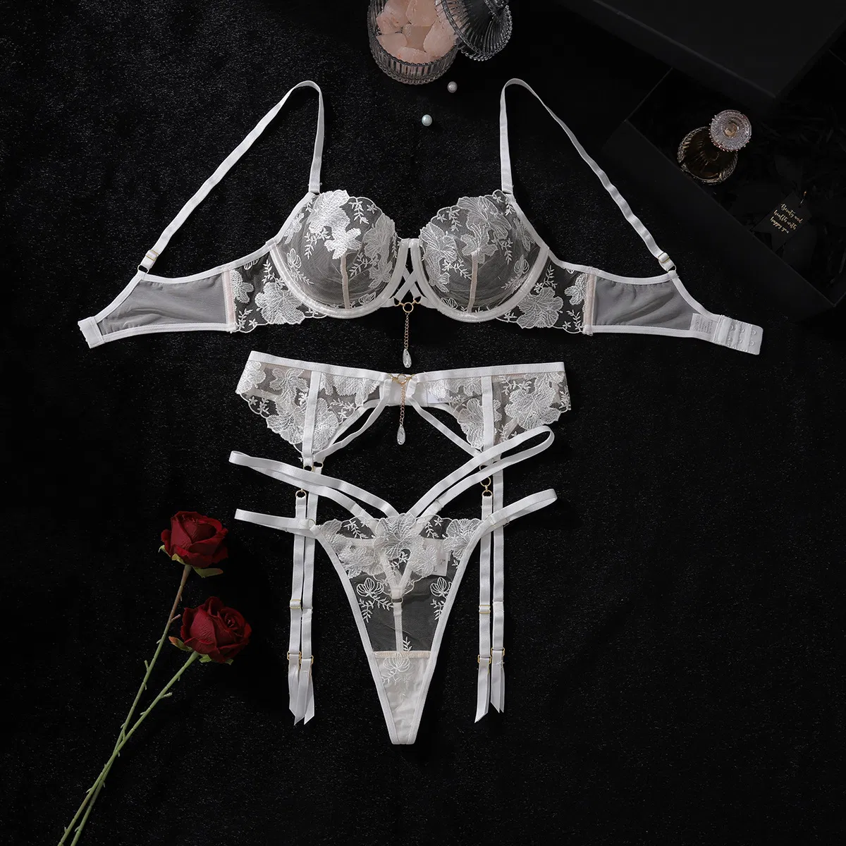 Wholesale Floral Embroidery Sheer Mesh Underwear Set Sexy Solid Color Women's Lingerie