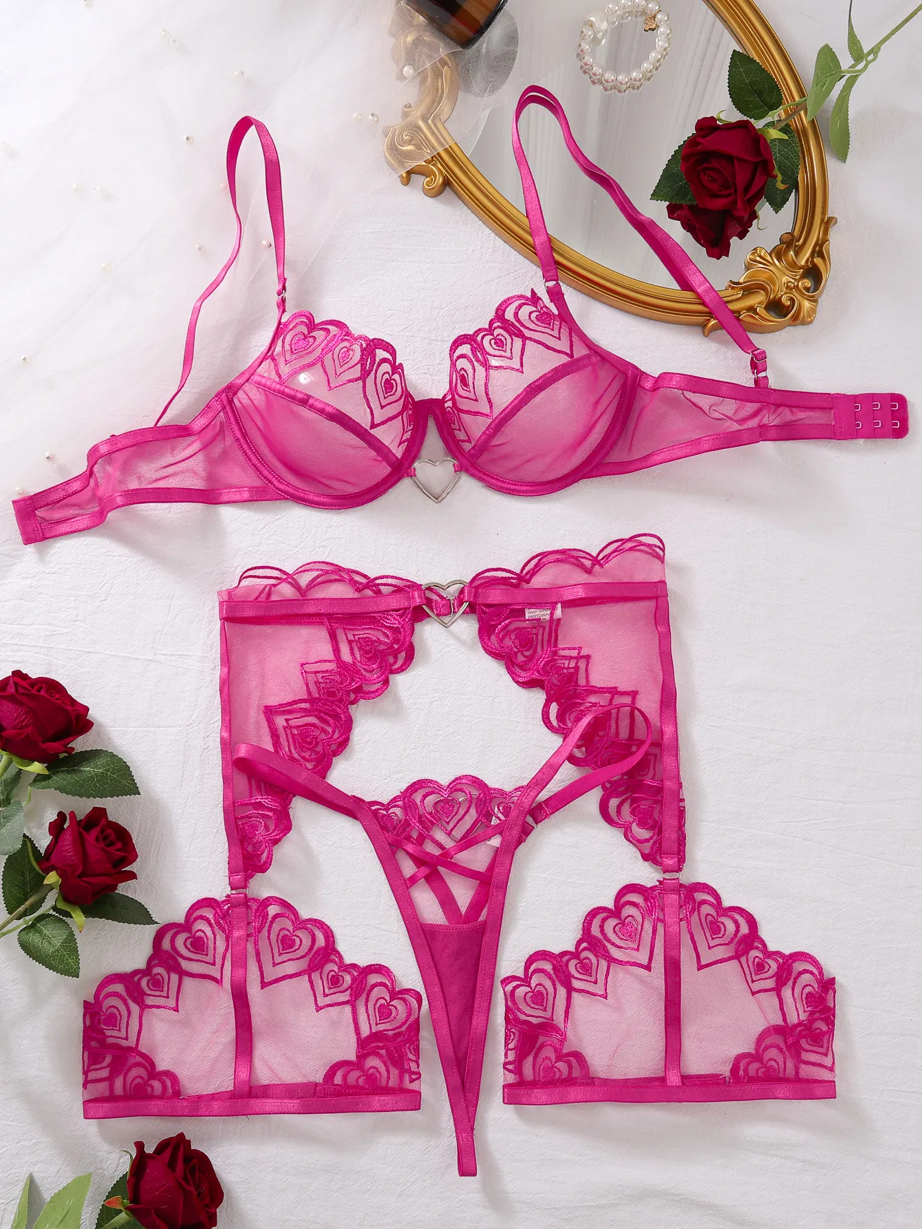 Wholesale Sheer Mesh Heart Embroidery Underwear Set Sexy Valentine's Women Lingerie