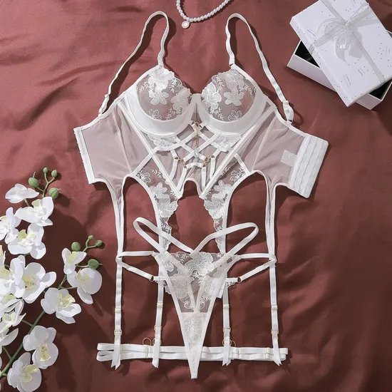 Wholesale Mesh Perspective Corset Underwear Set for Woman Sexy Luxury Embroidery Lingerie