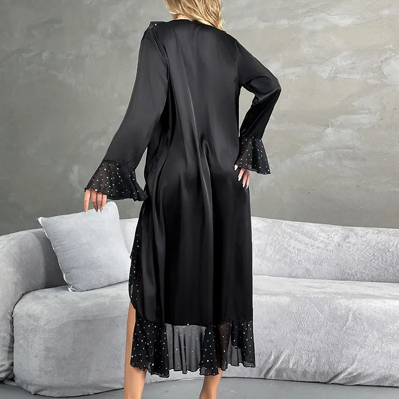 Wholesale Satin V-Neck Long-Sleeved Sleepwear Sexy Ruffled Hem Woman Robe