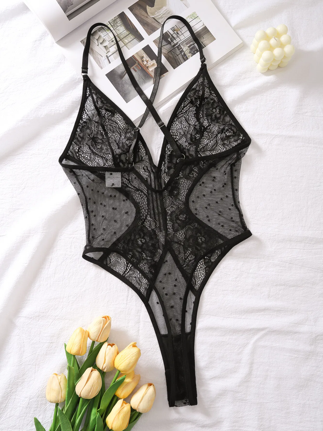 Sexy Deep-V Embroidery Lace Woman Lingerie Hot Selling Cross Strap See-Through Bodysuit