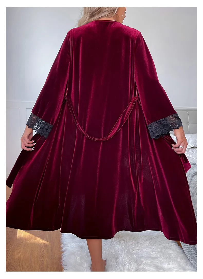 New V-Neck Long Velvet Nightwear Dress Sexy Solid Color with Lace Woman Sleepwear