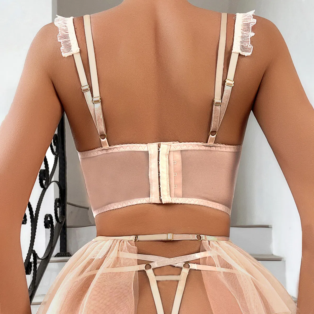 Hot Style Chain Transparent Mesh Woman Bra Panty Set Sexy Embroidered Lace Skirt Lingerie