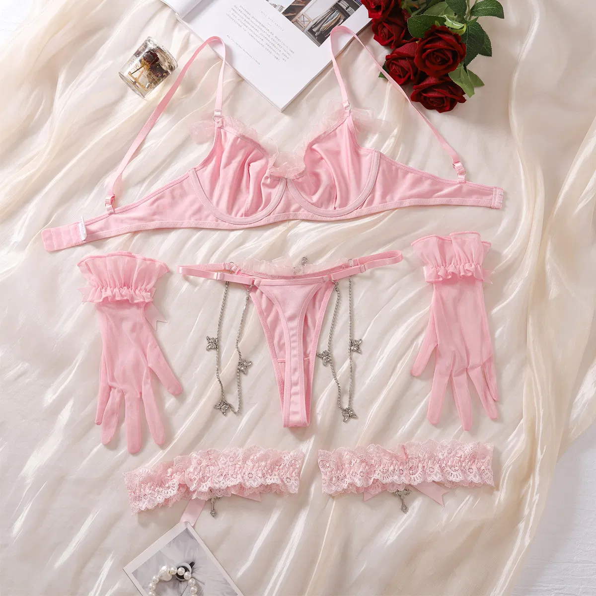 Wholesale See-Through Underwear Set with Gloves Sexy Bow Tie Woman Lingerie