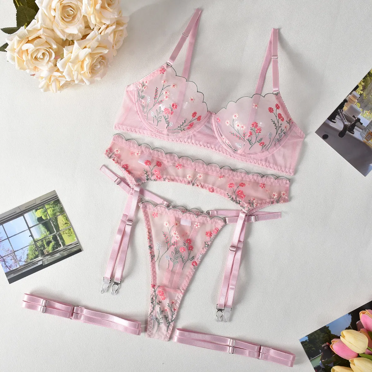 Sexy Floral Embroidery Underwear Set for Woman Wholesale See-Through Mesh Lingerie