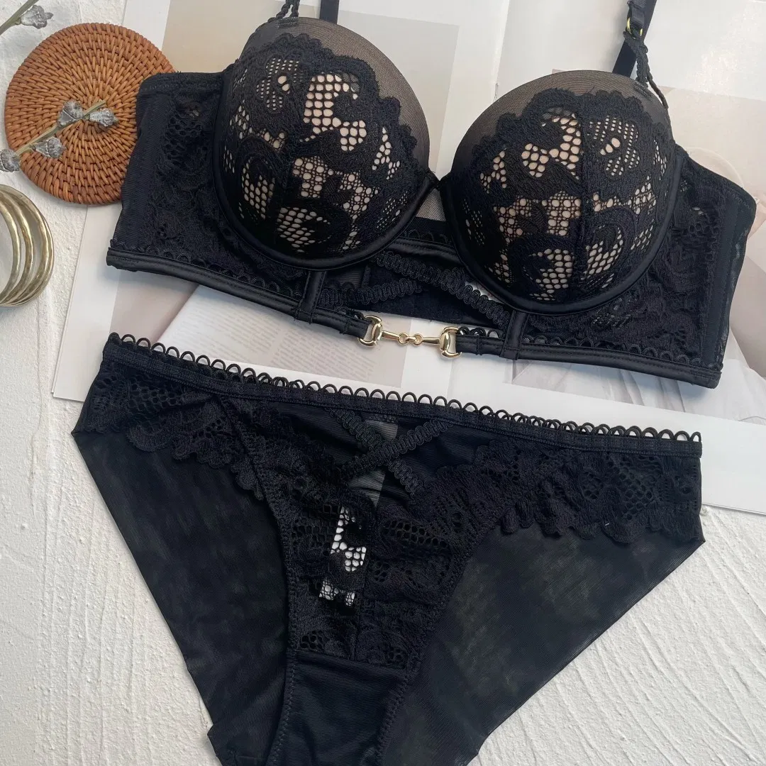 2025 New Wholesale French Anti-Sagging Breathable Lace Trim Gathering for Women Soft Bra Ultra-Thin Set Sexy Underwear Lingerie