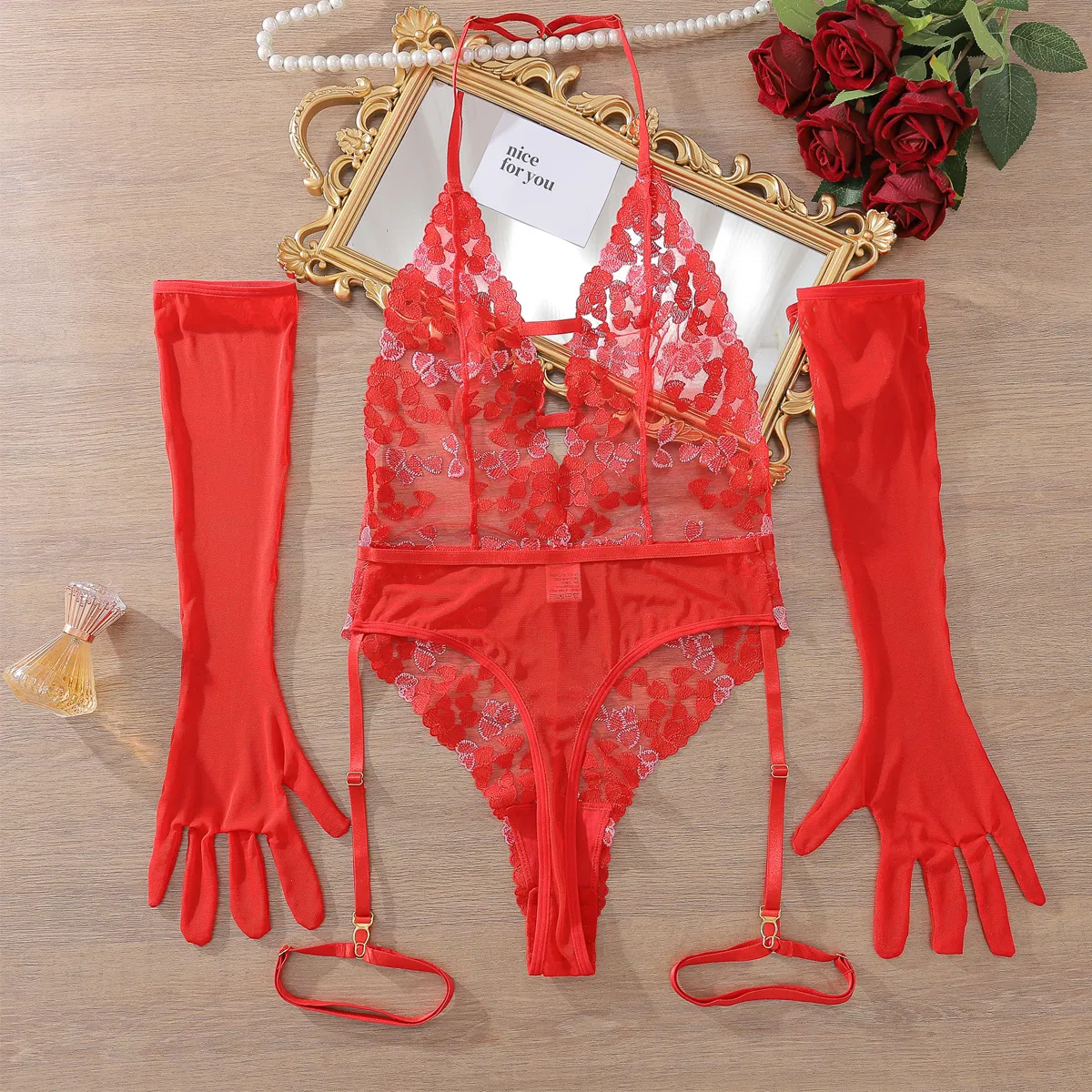 Sexy Deep-V Open Crotch Flower Embroidered Lingerie Hot Halter Neck Women Bodysuit