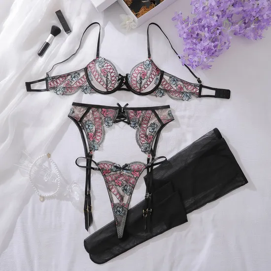 New See-Through Underwear Set with Stockings Wholesale Sexy Bowknot Floral Embroidery Lingerie