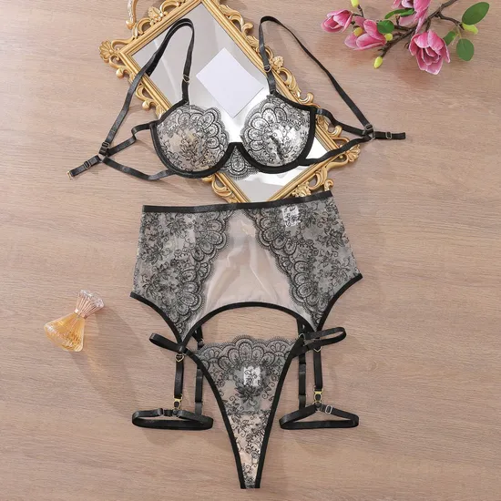Hot Sale Eyelash Lace Embroidery Women Bra Set Sexy Erotic See-Through Mesh Lingerie