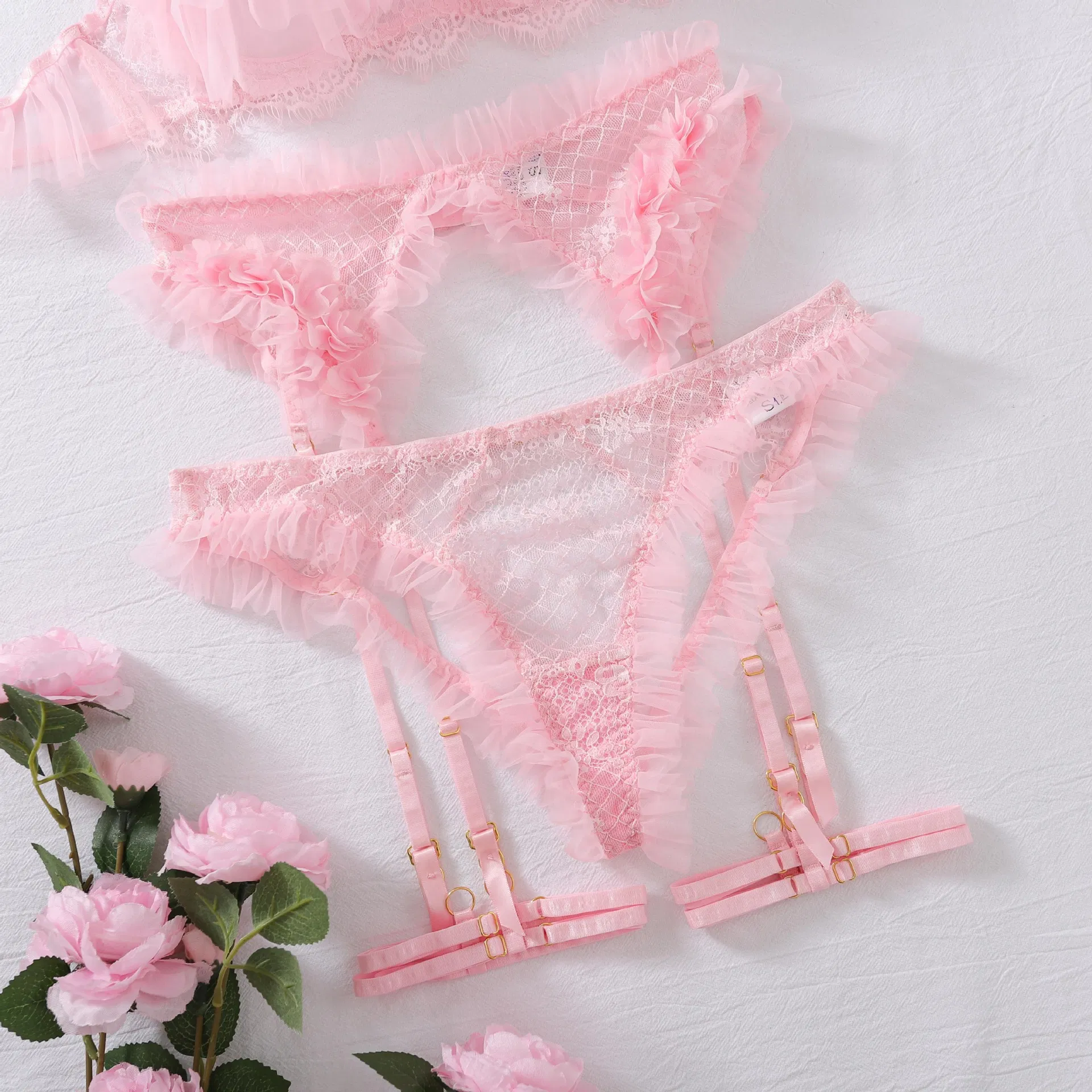 Sexy Hollow out Sheer Mesh Newest Underwear Set New Arrival Ruffle Woman Lingerie