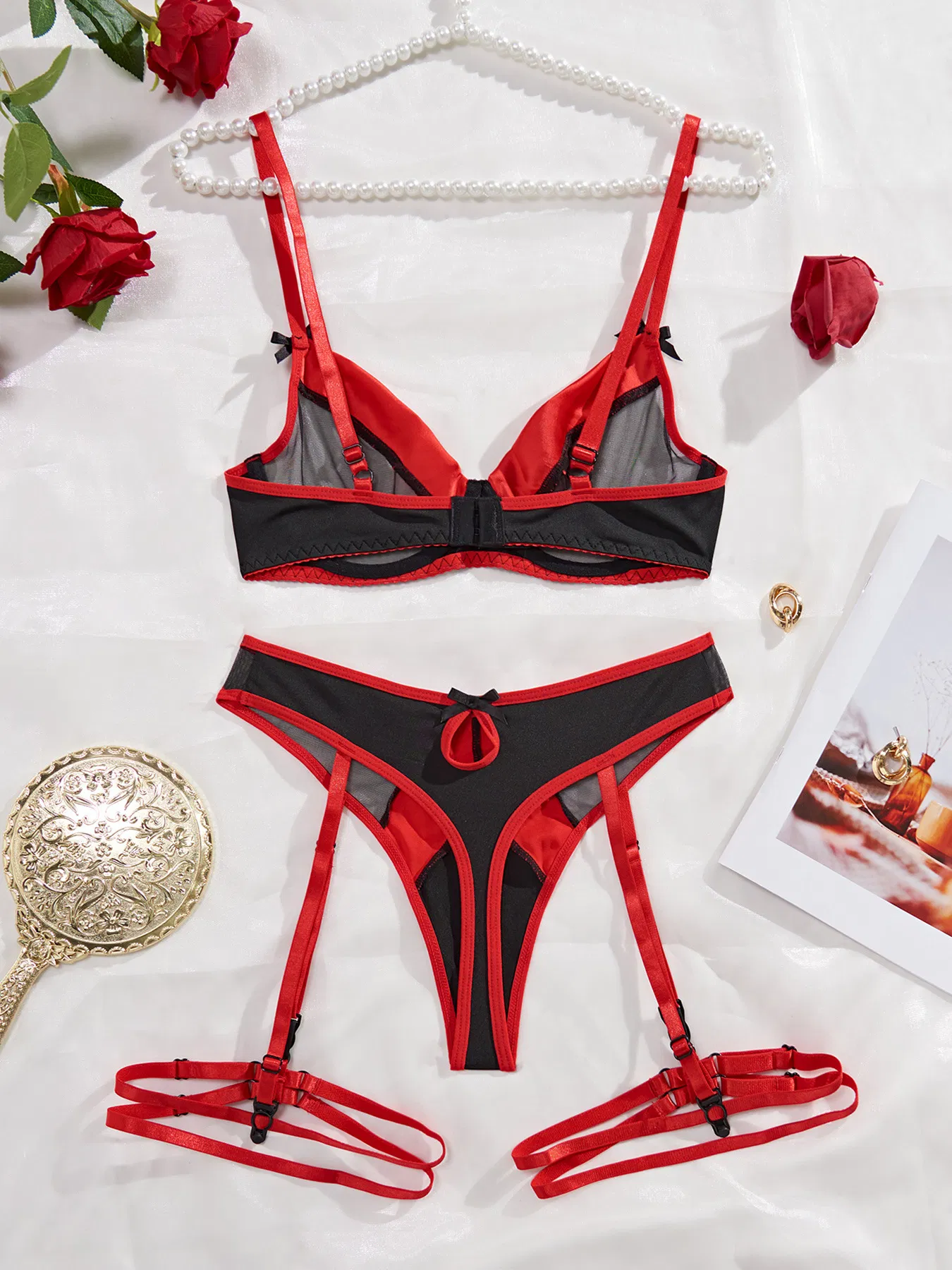 Sexy Sheer Mesh Newest Underwear Set with Bow Decor New Garter Belt 3PC Lingerie