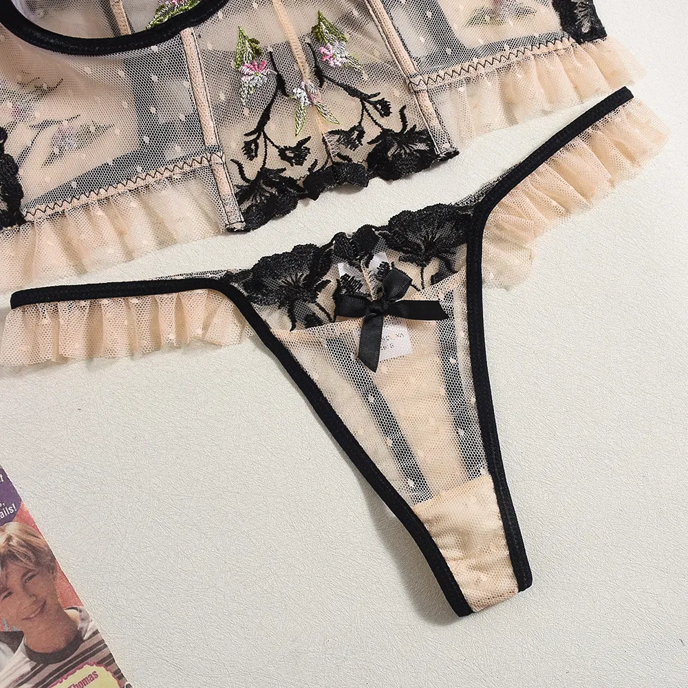Wholesale Erotic Ruffle See-Through Mesh Underwear Set Sexy Fishbone 2 Piece Lingerie