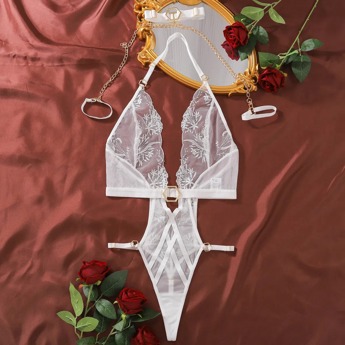 Hot Selling See Through Chain Neck Woman Lingerie Set Sexy Deep-V Chain Neck Bodysuit