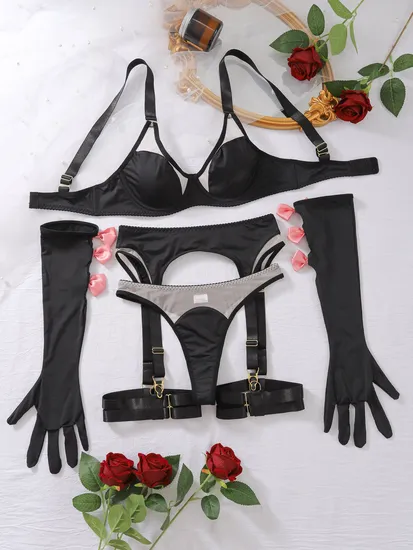 Hot Transparent Underwear Set with Gloves Wholesale Sexy Luxury Women Lingerie