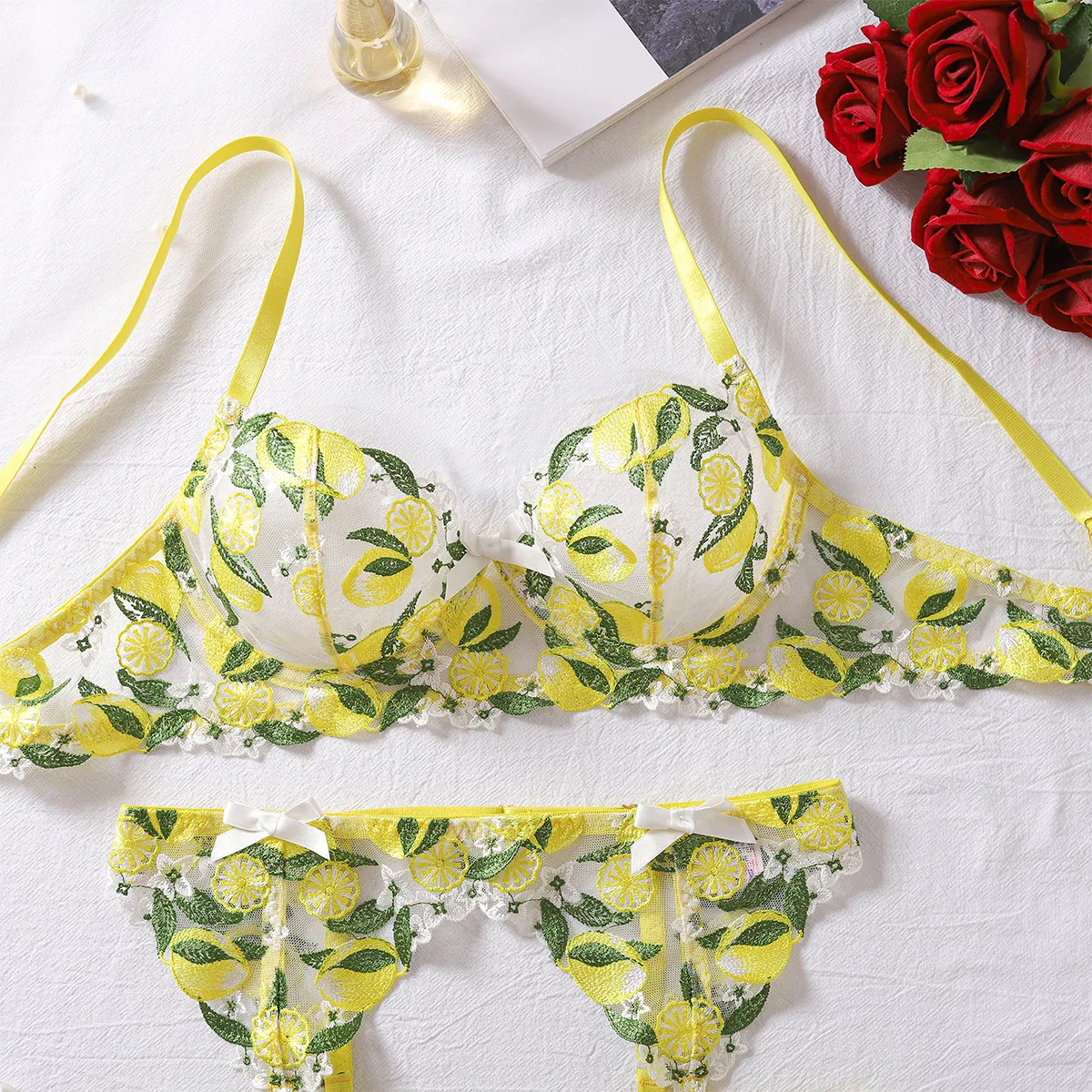 Sexy Lemon Embroidery Woman Bra Panty Set Wholesale Mesh Transparent Lingerie
