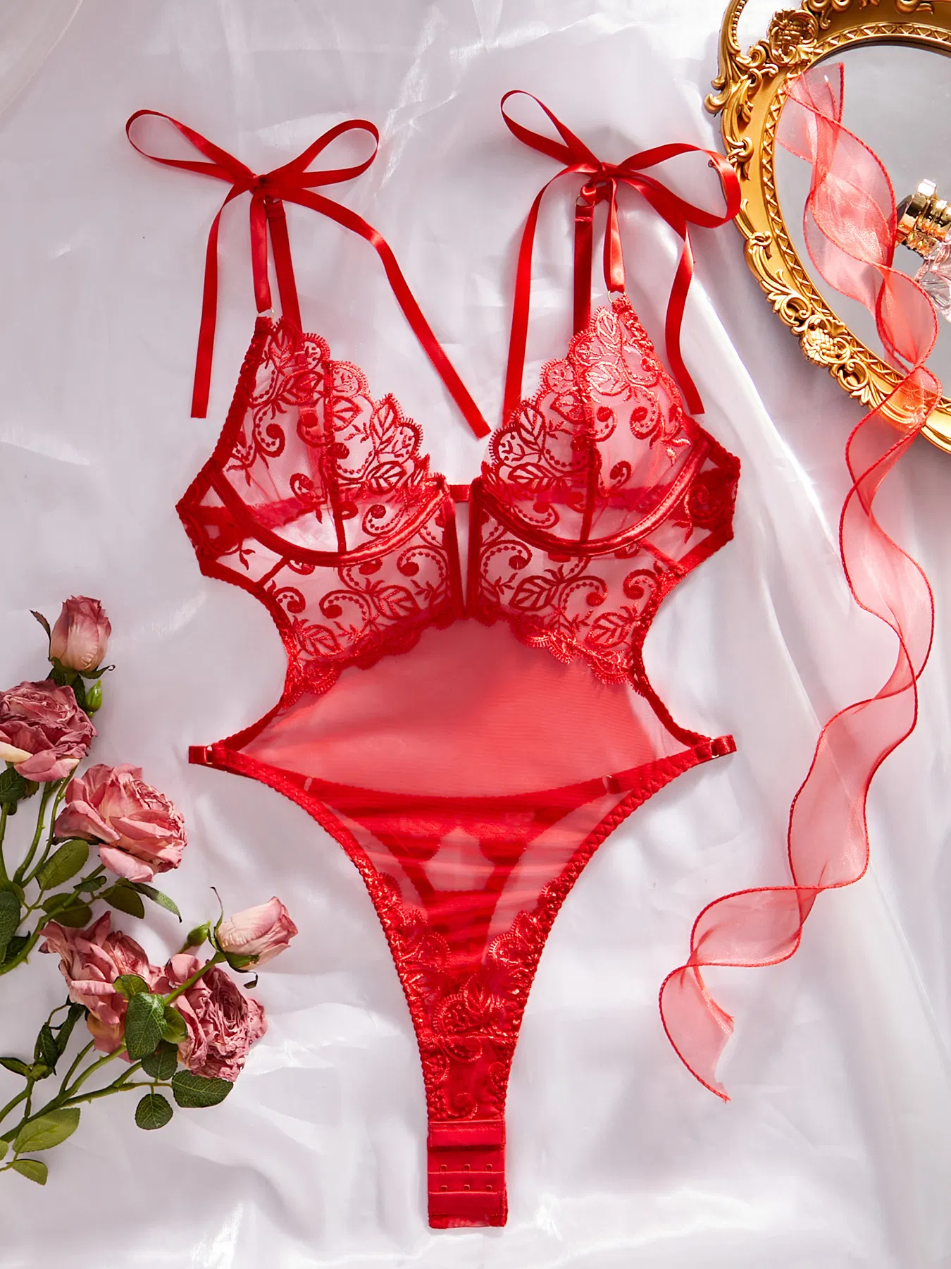 Sexy Floral Embroidery Deep V Untrl-Thin Bodysuit New Style Women One Piece Lingerie