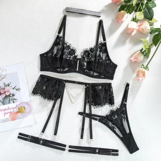 Sexy Erotic Underwear Set with Diamond Necklace Wholesale Embroidered Eyelash Lace Lingerie