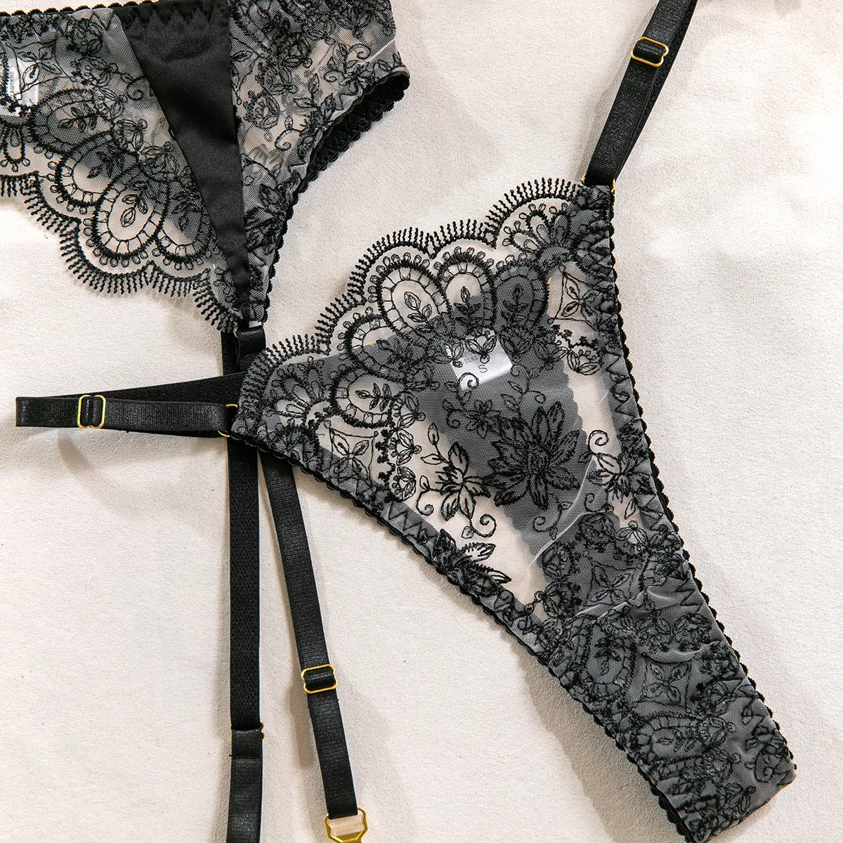 Sexy See-Through V-Neck Underwear Set with Stockings Wholesale Embroidery Lace Lingerie