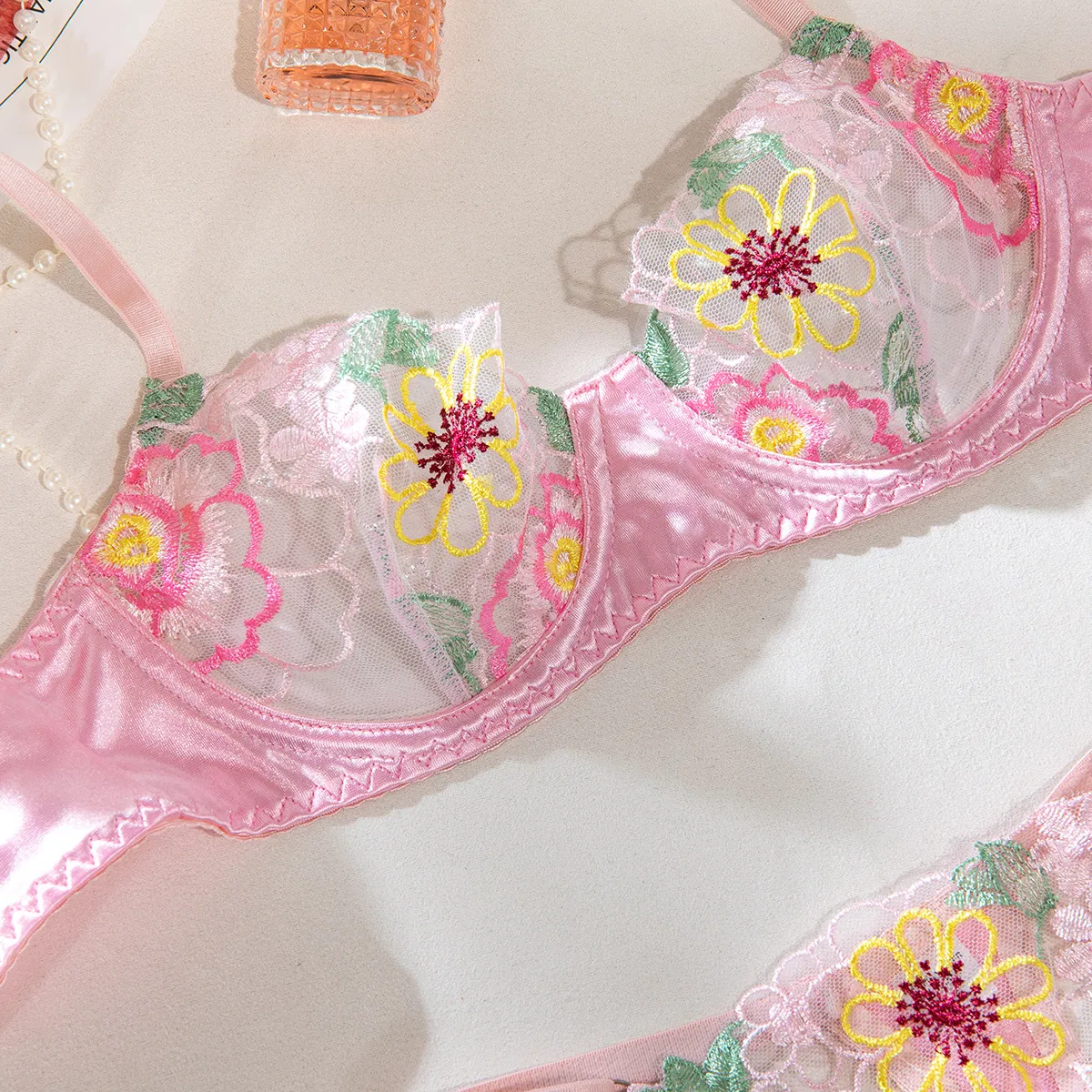 Sexy Floral Embroidery Woman Bra Set Wholesale Transparent Thin Satin Two-Piece Lingerie