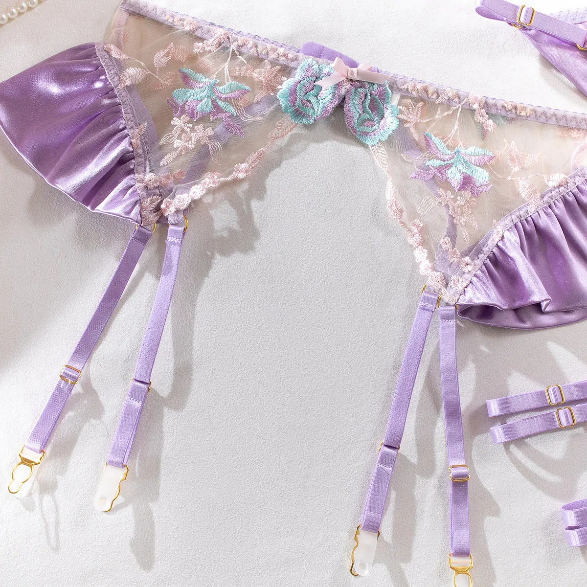 Wholesale Flower Embroidery Underwear Set for Woman Sexy Perspective Satin Lingerie
