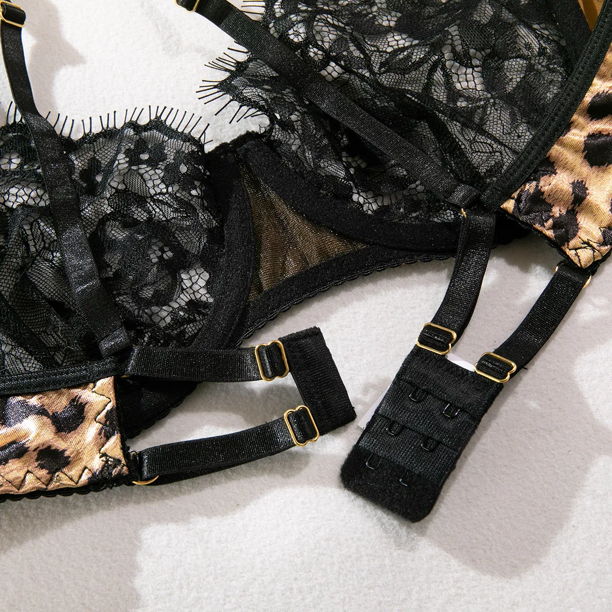 Sexy Leopard Print Woman's Underwear Set Hot Sale Eyelash Lace Ultra Thin Lingerie