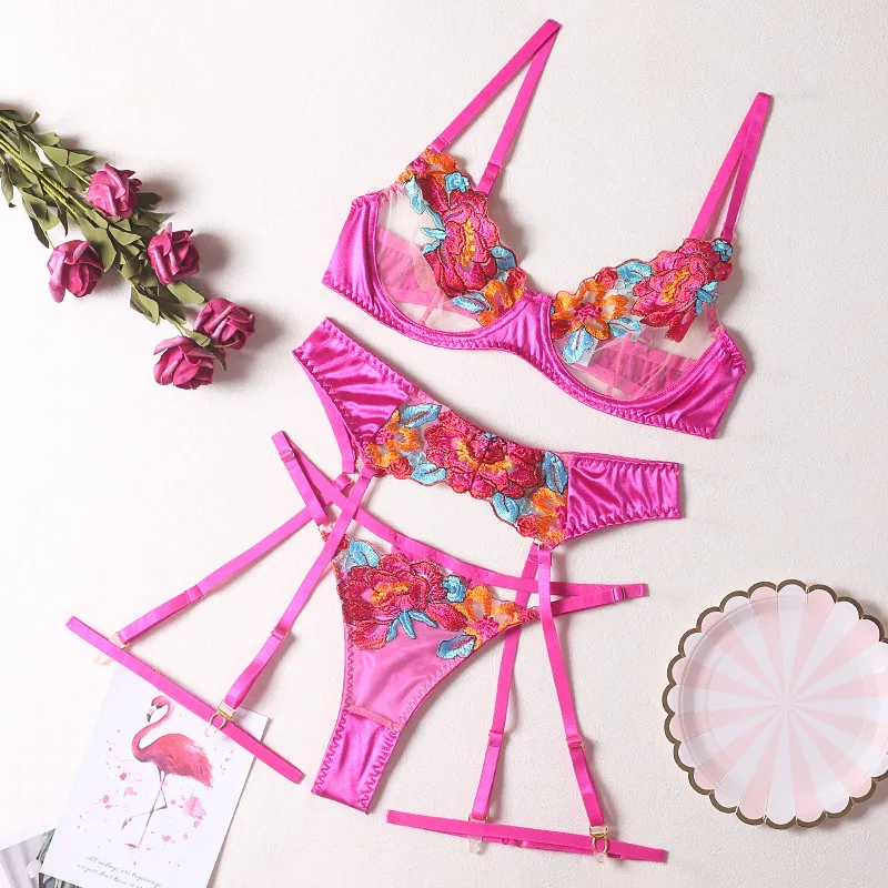 Woman Sexy High Quality Floral Embroidered Underwear Set Hot Transparent Lingerie