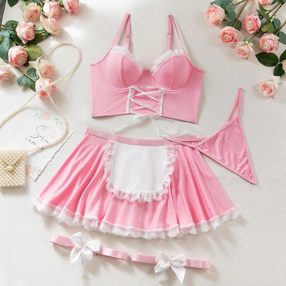 Sexy Cross Strap Dress Underwear Set Wholesale Temptation Maid Four Piece Lingerie