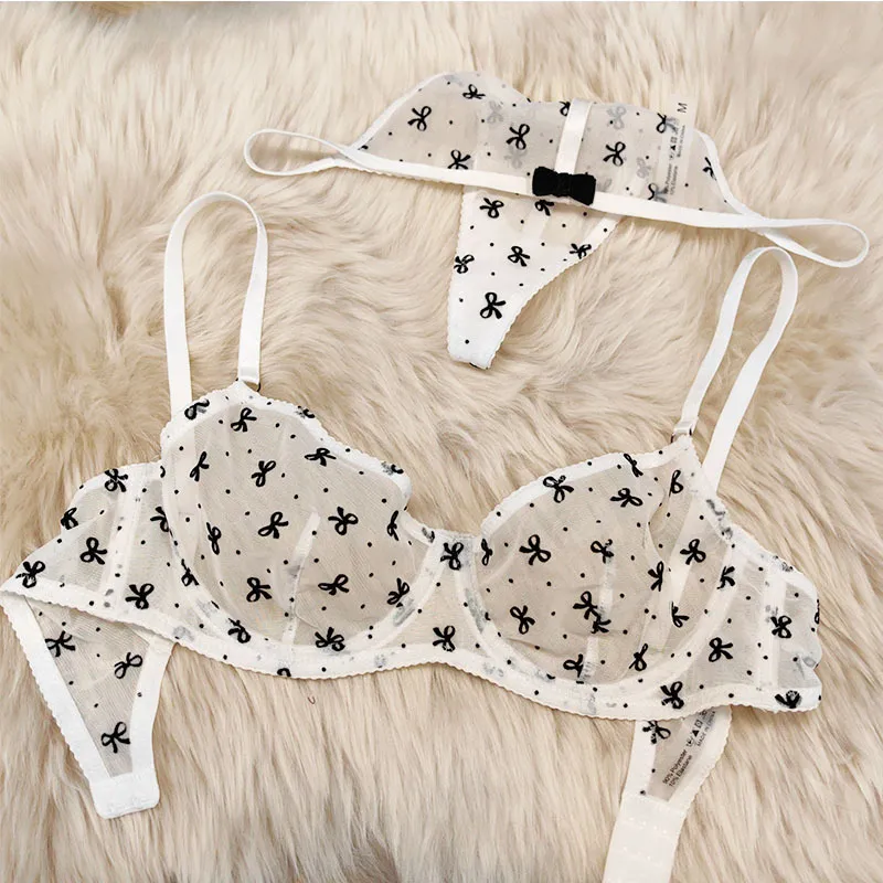 Classic Bow Pattern Printed Underwear Mesh Perspective Temptation Sexy Women Lingerie