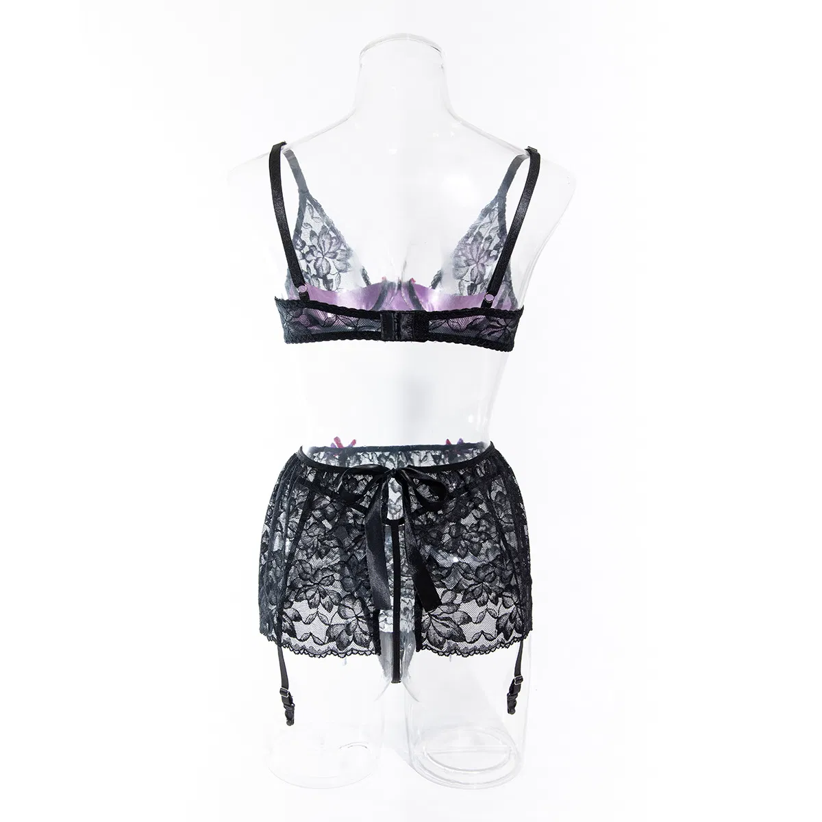 Sexy Embroidered Lace Deep V Bra Set with Stocking New Transparent Women Lingerie