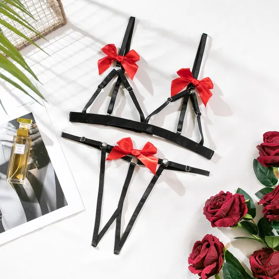 Wholesale New Woman Bra Panty Set Sexy Bow Hollow out Bondage Open Lingerie