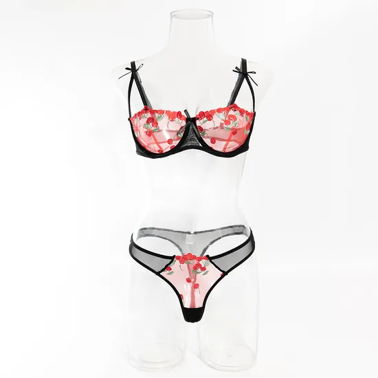 New Floral Embroidery Ultra Thin 2PCS Underwear Set for Woman Sexy Transparent Lingerie