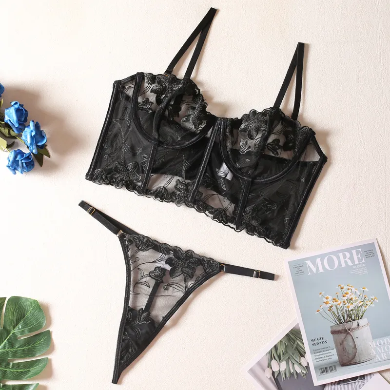 Sexy Embroidered Lace Fishbone Underwear Set Wholesale Transparent Mesh Woman's Lingerie