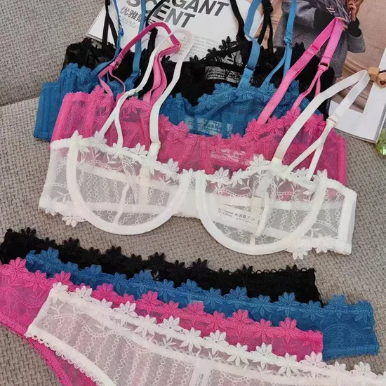 Women Breathable Lace Bra Set Sexy Embroidery Comfort Half Cup See Through Underwear