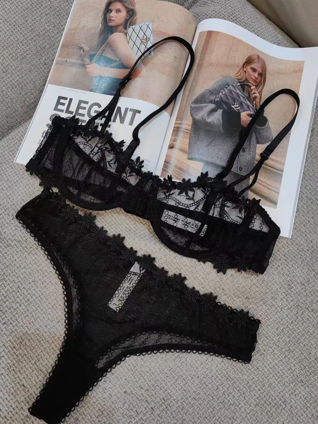 Women Breathable Lace Bra Set Sexy Embroidery Comfort Half Cup See Through Underwear