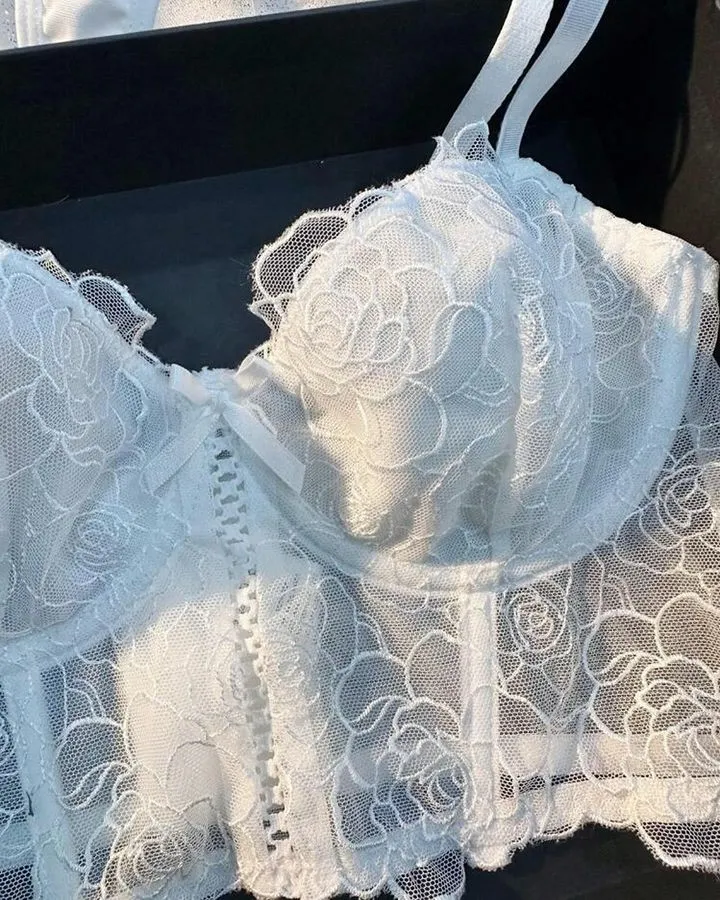 Sexy Erotic Fish-Bone Embroidery Flower Bra Set Wholesale See Through Mesh Woman Lingerie