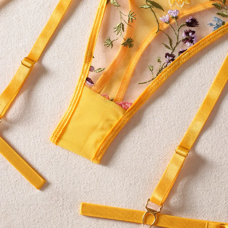 High Quality Transparent Underwear Set Sexy Floral Embroidered Lingerie