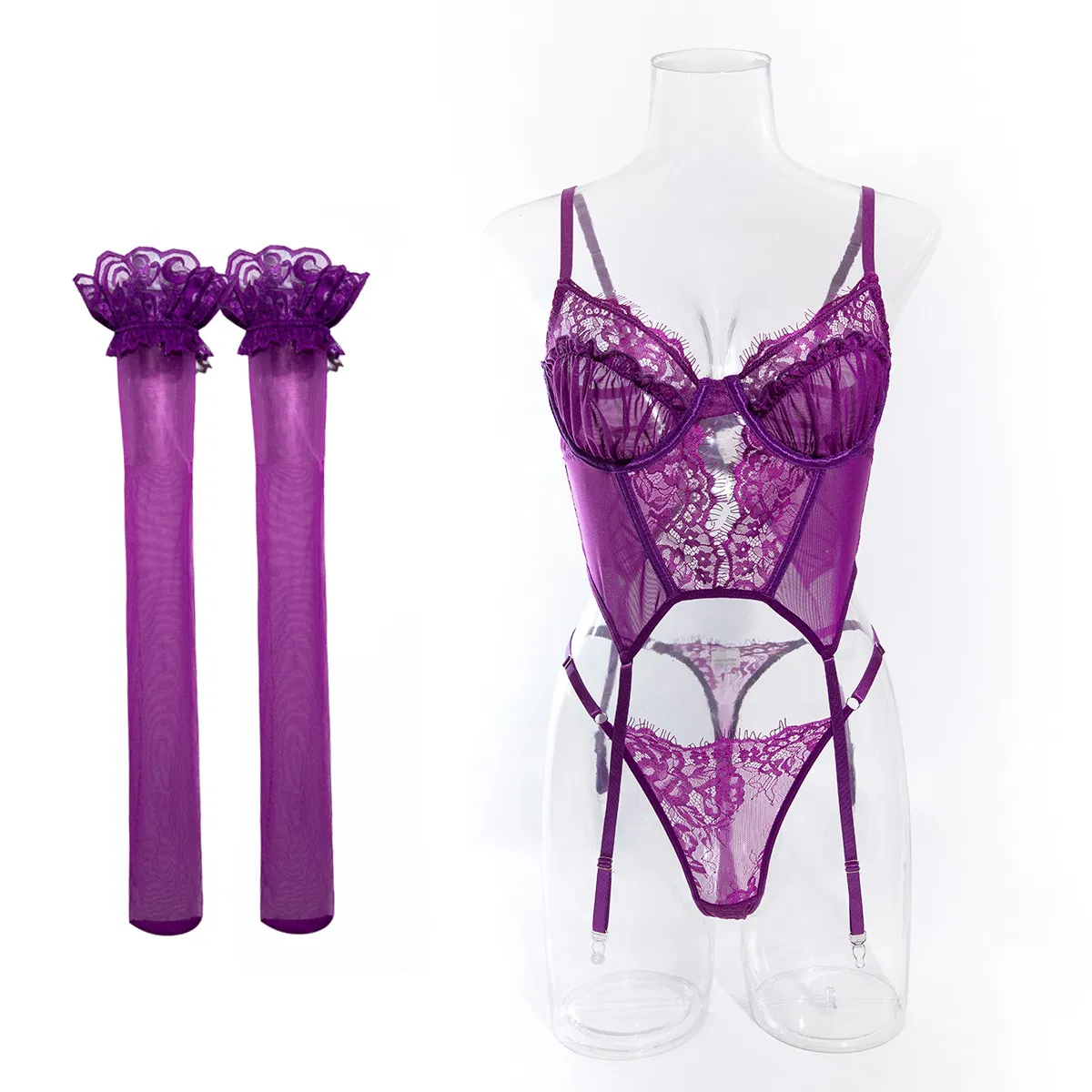 Erotic Sexy Hollow-out See-Thong Underwear Set with Stockings Hot Fish-Bone Woman's Lingerie