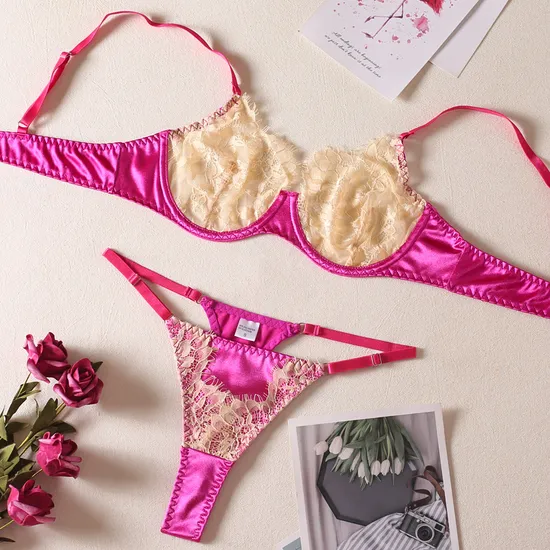 Wholesale Transparent Mesh Underwear Set Sexy Embroidery Floral Lace 2 Piece Lingerie