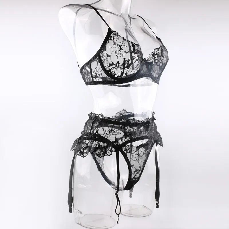 Sexy Embroidery Lace Garters Belt Bra and Panties Set Wholesale See-Through Mesh 3PCS Lingerie