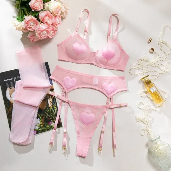 Sexy Embroidery Heart Underwear Set Wholesale Transparent Woman Lingerie with Long Stocking