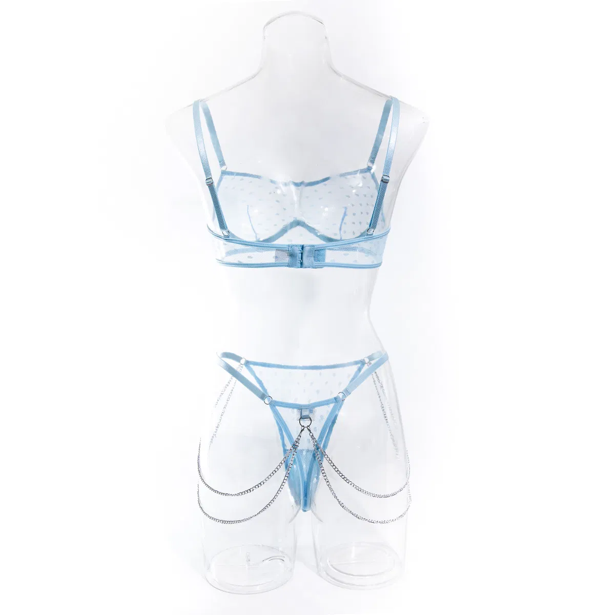 Sexy Blue Polka DOT Metal Chain Women Underwear Set Wholesale Breathable 2PCS Lingerie