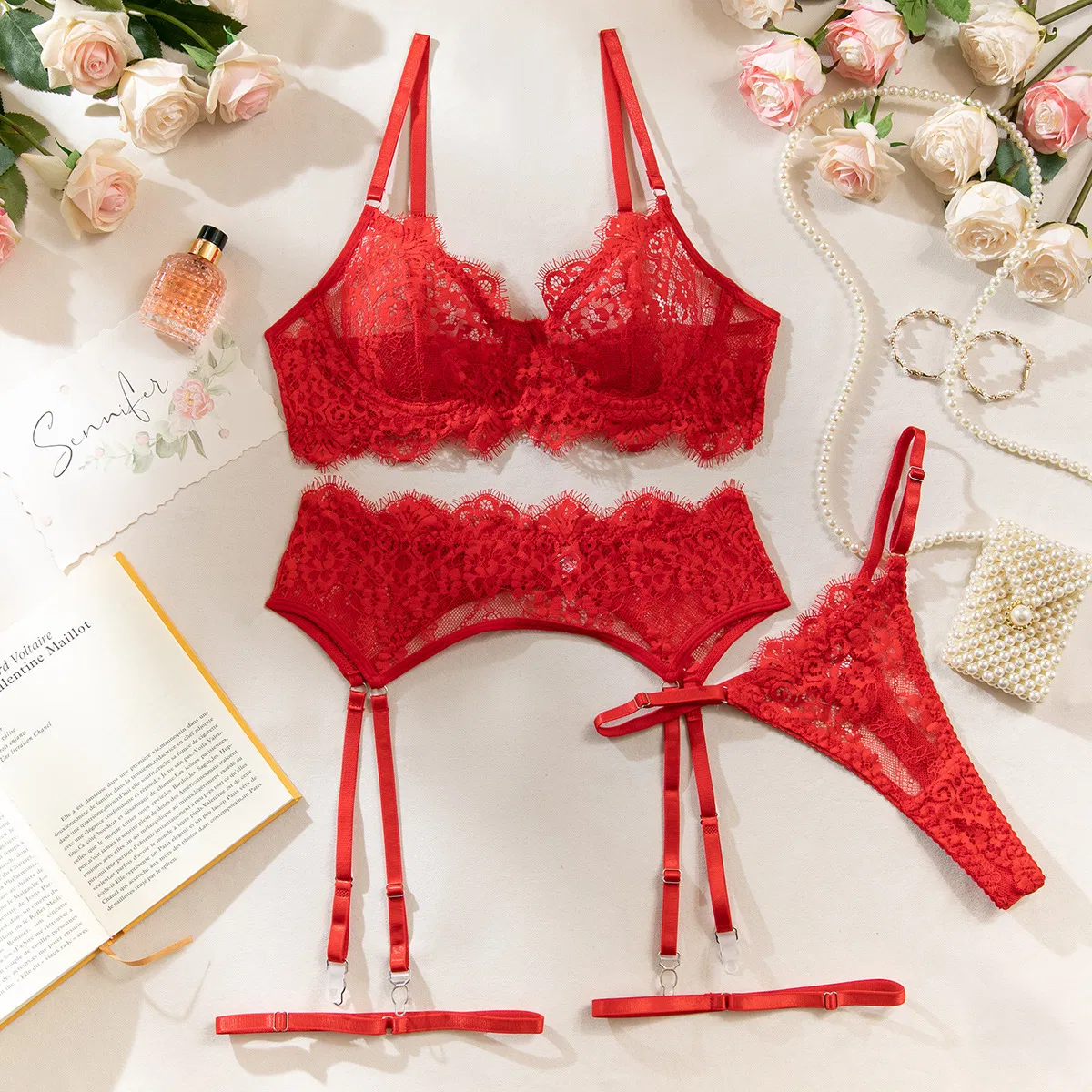 Wholesale Eyelash Lace Woman Bra Set Sexy Ultra Thin Perspective Lingerie