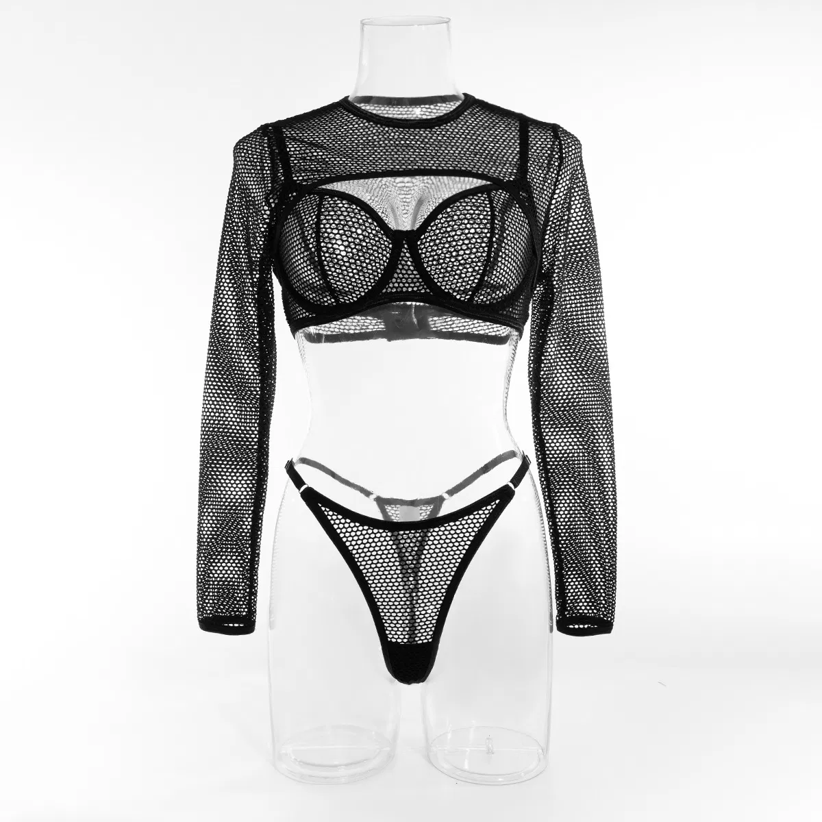 Sexy Long Sleeve Fishnet Mesh Woman Underwear Set Hot See-Through Solid Color Lingerie