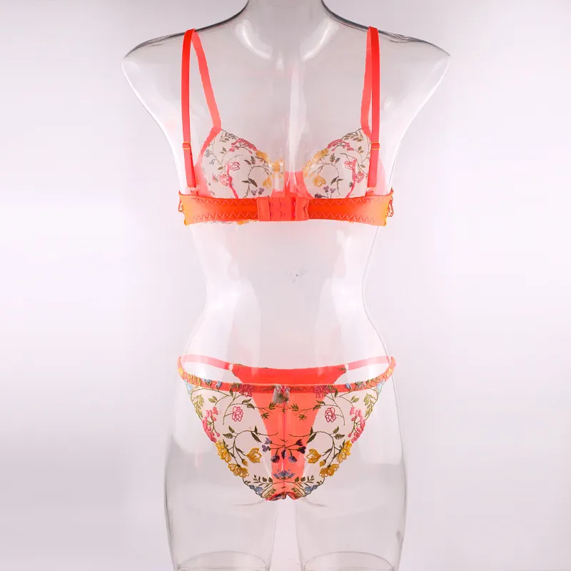 Wholesale Floral Embroidery Transparent Underwear Set Sexy 2 Piece Ladies Lingerie