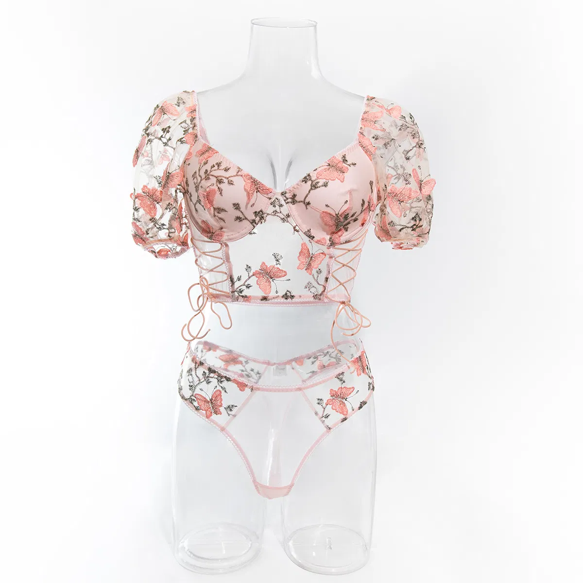 Wholesale Floral Embroidery Bubble Sleeve Underwear Set Sexy See-Through 2-Piece Lingerie