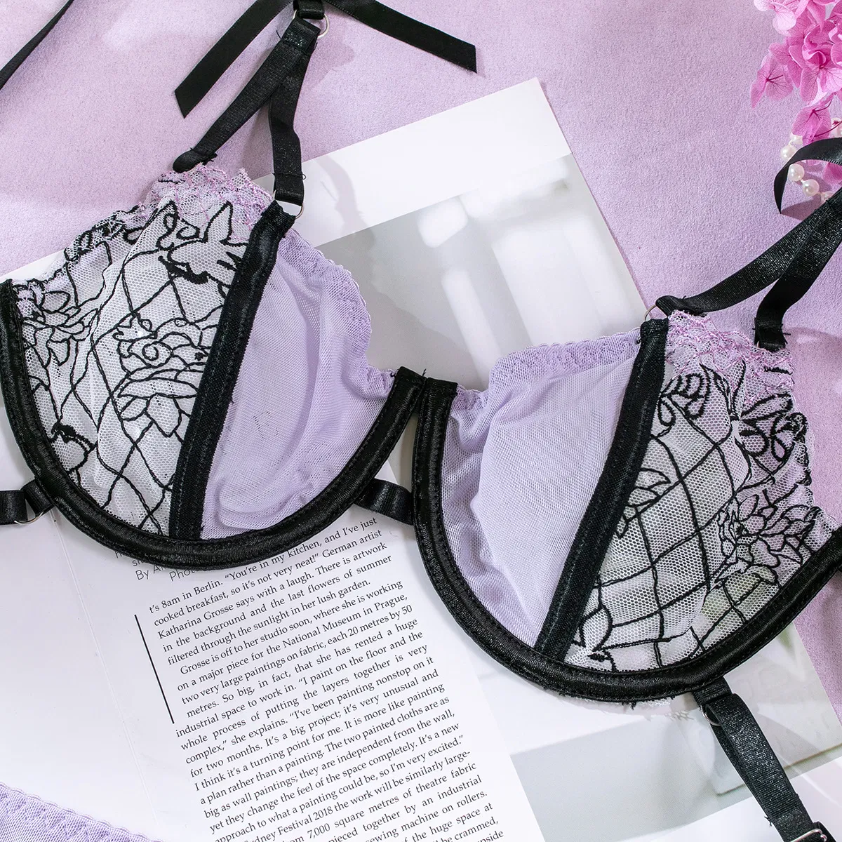 Sexy Erotic Perspective Mesh Woman Bra Set Hot Sale Bow Knot 3PCS Lingerie